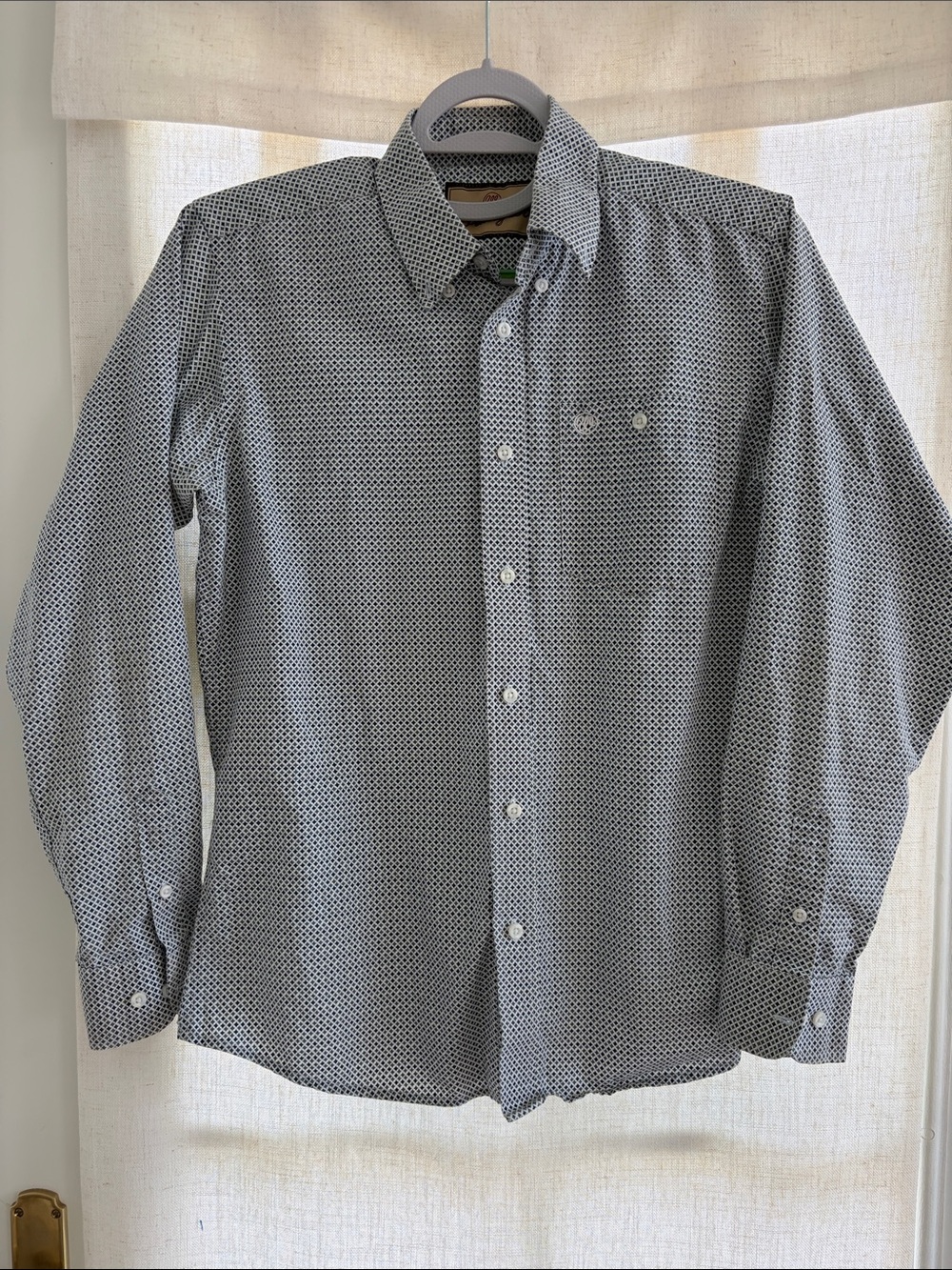 Wrangler Boy’s White Button-Down Shirt with Blue and Aqua Micro-Pattern